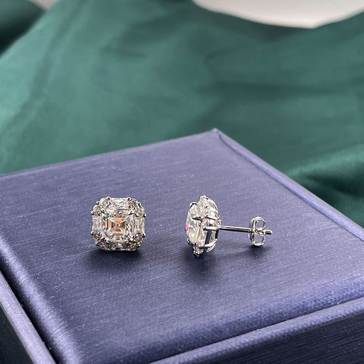 S925 Sterling Silver Halo Stud Earrings, 6mm D-VVS1 Asscher Cut Moissanite, Platinum Plated 2.6g Women's Jewelry Gift Box