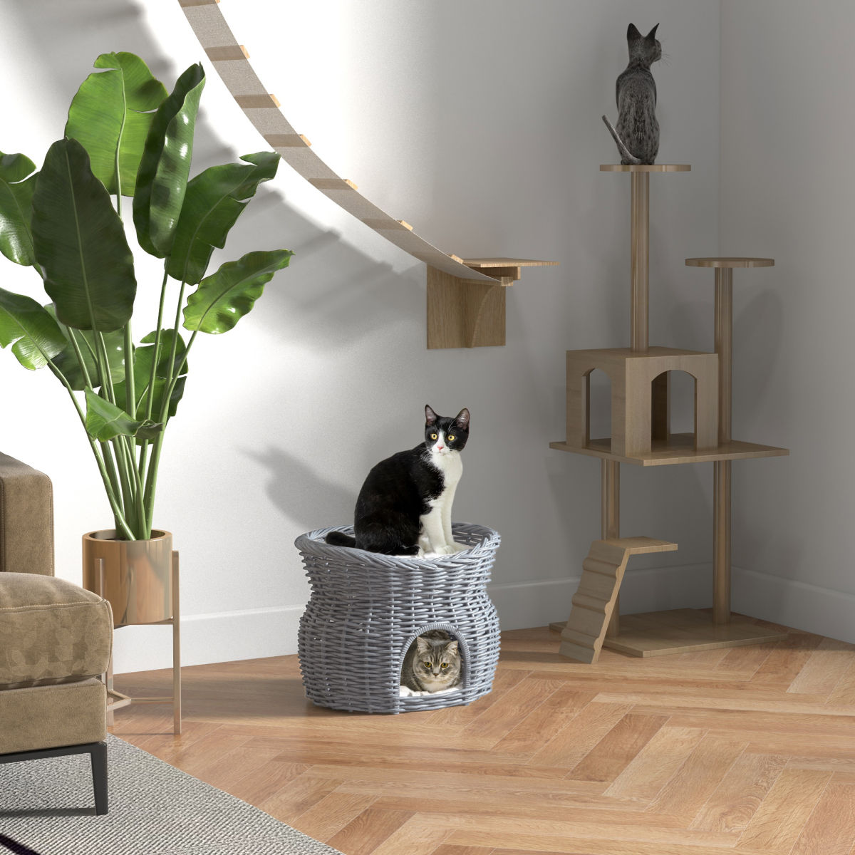 PawHut 2-Tier Wicker Cat House Elevated Pet Bed Basket Willow Kitten Tower Pet Den. With Washable Cushions 56x37x40cm Grey
