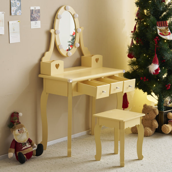 Kids Vanity Set With Mirror And Lights And Stool, 5 Storage Drawers, Pretend Play Princess Makeup Desk Dressing Table And Stool Set For Little Girls Age 3-, Macaroon Orange