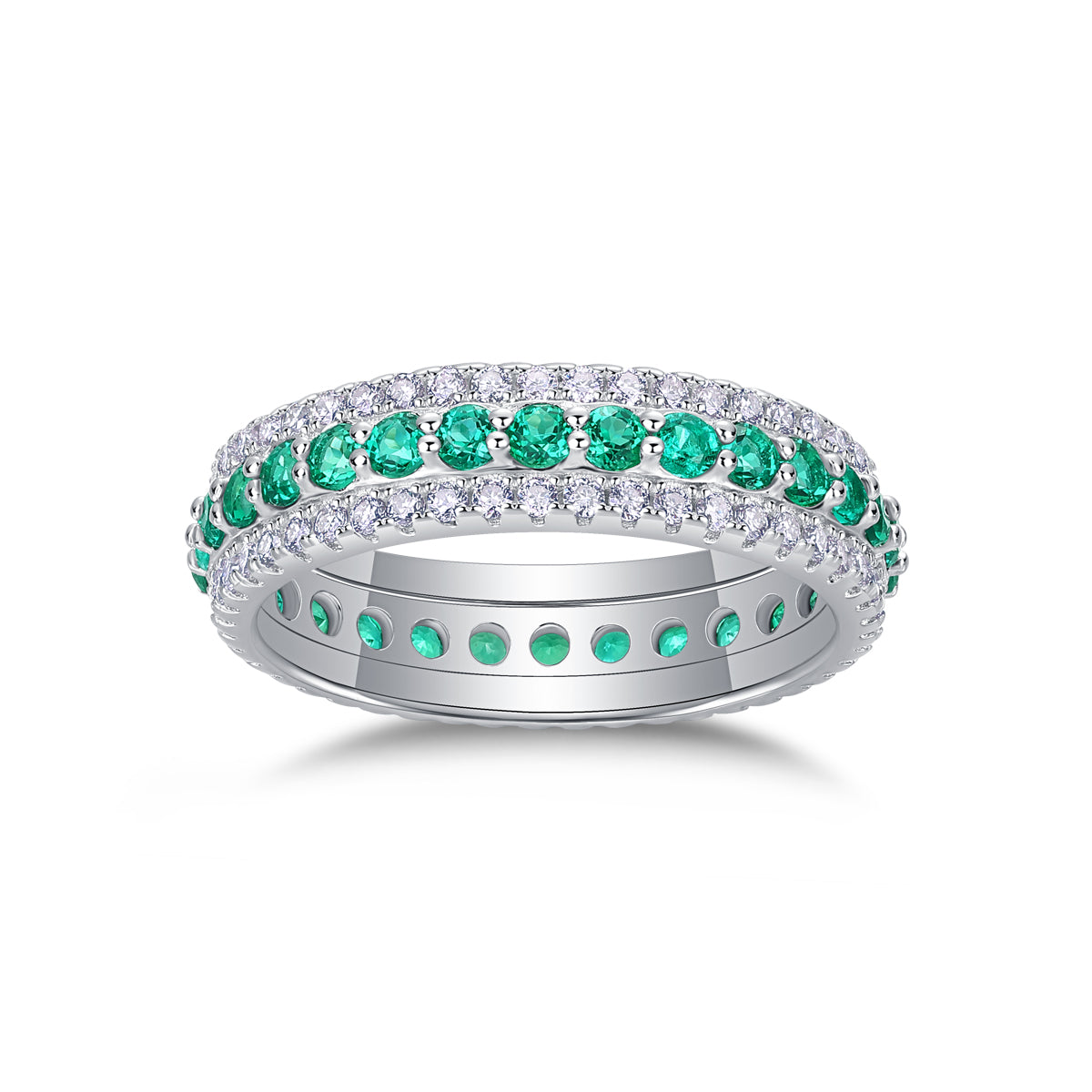 3.6g S925 Sterling Silver Platinum Plated Ring  3 Row Pave Band With Green Gemstones, Dainty Stackable Eternity Promise Ring For Women, Jewelry Gift Box Set