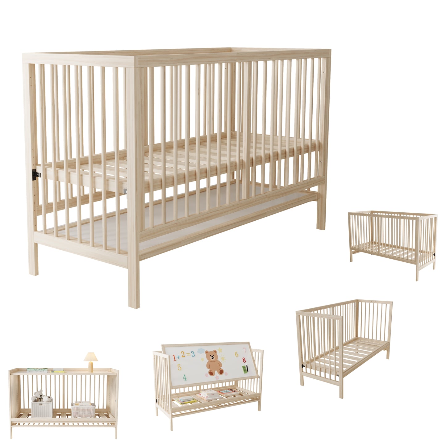Wooden Baby Bed, Multifunctional Baby Bed, Convertible Into Co-sleeper, Easel & Desk, Multi-level Height Adjustable, Made Of Pine Wood, Natural Wood Colour, Without Mattress, 120x60x90 Cm