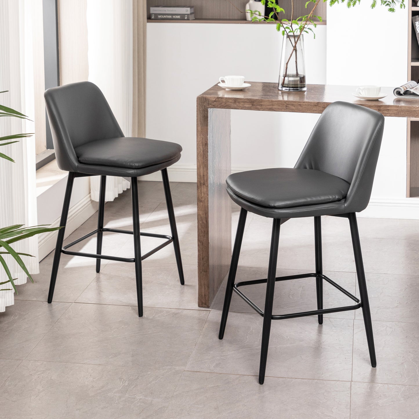 Counter Height Swivel Bar Stools Set Of 2, 360 Swivel Upholstered Barstools With Back And Metal Legs, 25.6 Seat Height,Counter Stools For Kitchen Island And Pub,Faux Leather,Grey