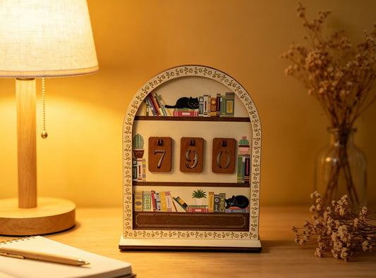 Wooden Black Cat Bookshelf Reading Tracker, Reusable Number Reading Counter, Desk Decor Book Log Perpetual Calendar