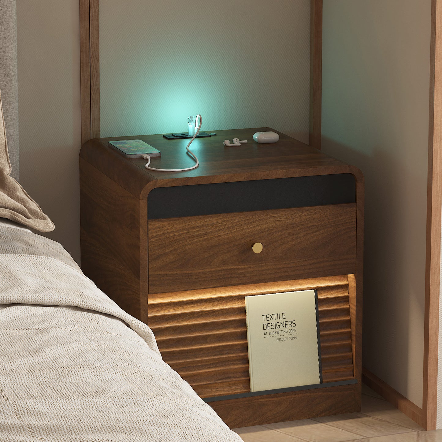 Nightstand With Charging Station, Smart Nightstand With Night Light,with Led Lights,Bedside Tables With Storage Cabinet For Bedroom,Wood