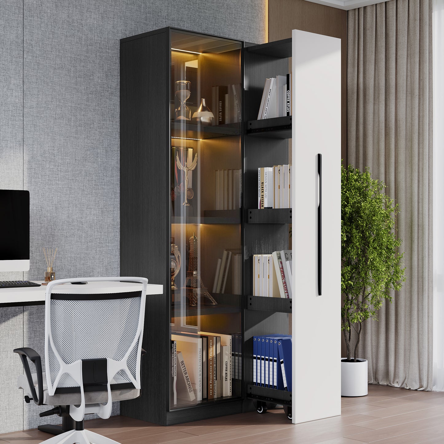 Multifunctional Cabinet 160 Cm High  Bookcase And Display Cabinet With Tempered Glass Doors, Aluminium Door Frame, 1 Door, 1 Side Drawer, With Castors And LED Lighting  Display Case, Dining Room