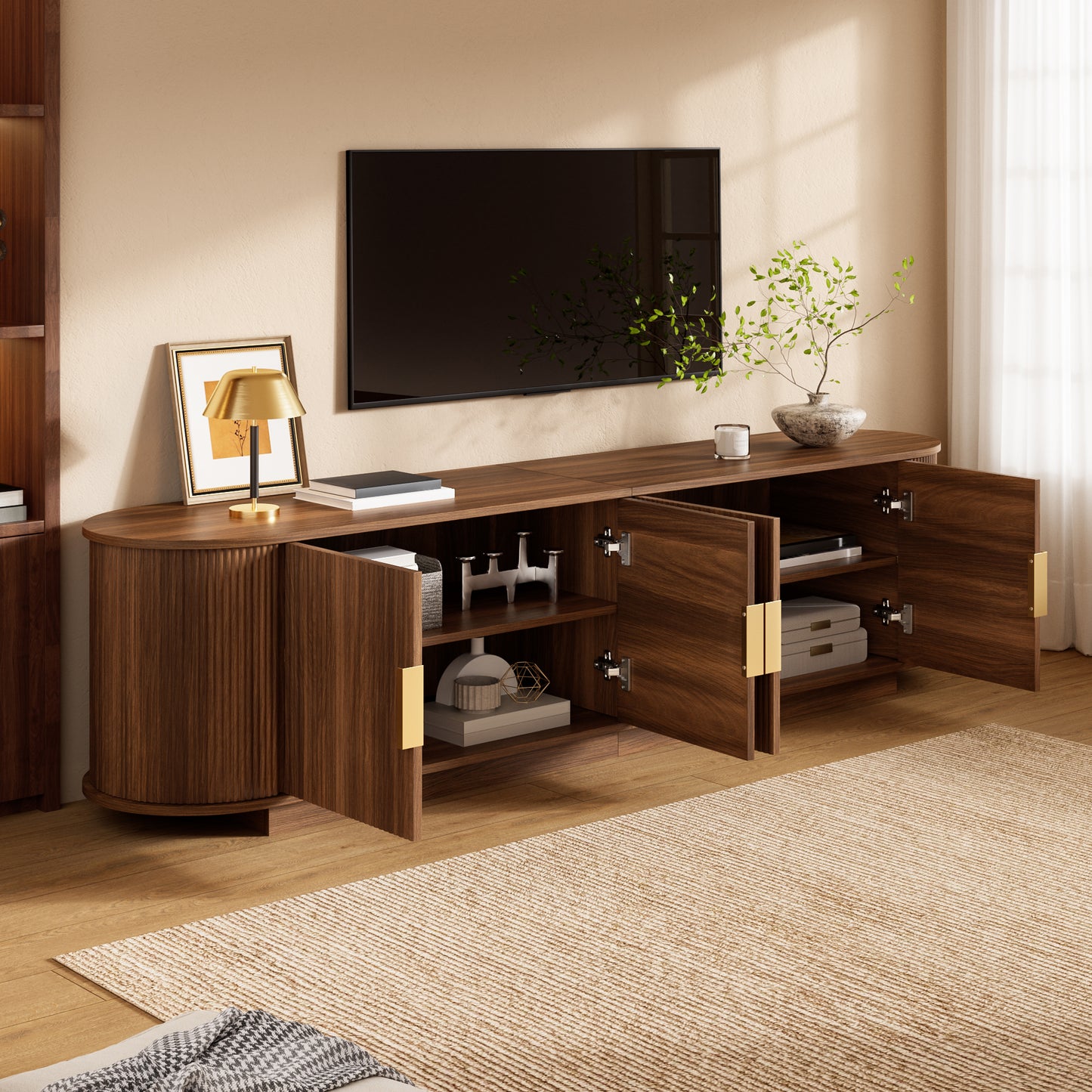 TV Cabinet, Lowboard, Wave Structure, Chipboard MDF Body, Metal Handles, 4 Doors, Spacious Storage Space