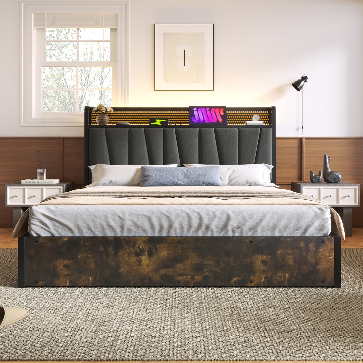Upholstered Bed Metal Bed LED App-Control Double Bed With Charging USB Charging Headboard And LED Lighting, Metal Bed 180x200cm Wooden Slatted Frame, Grey  Without Mattress