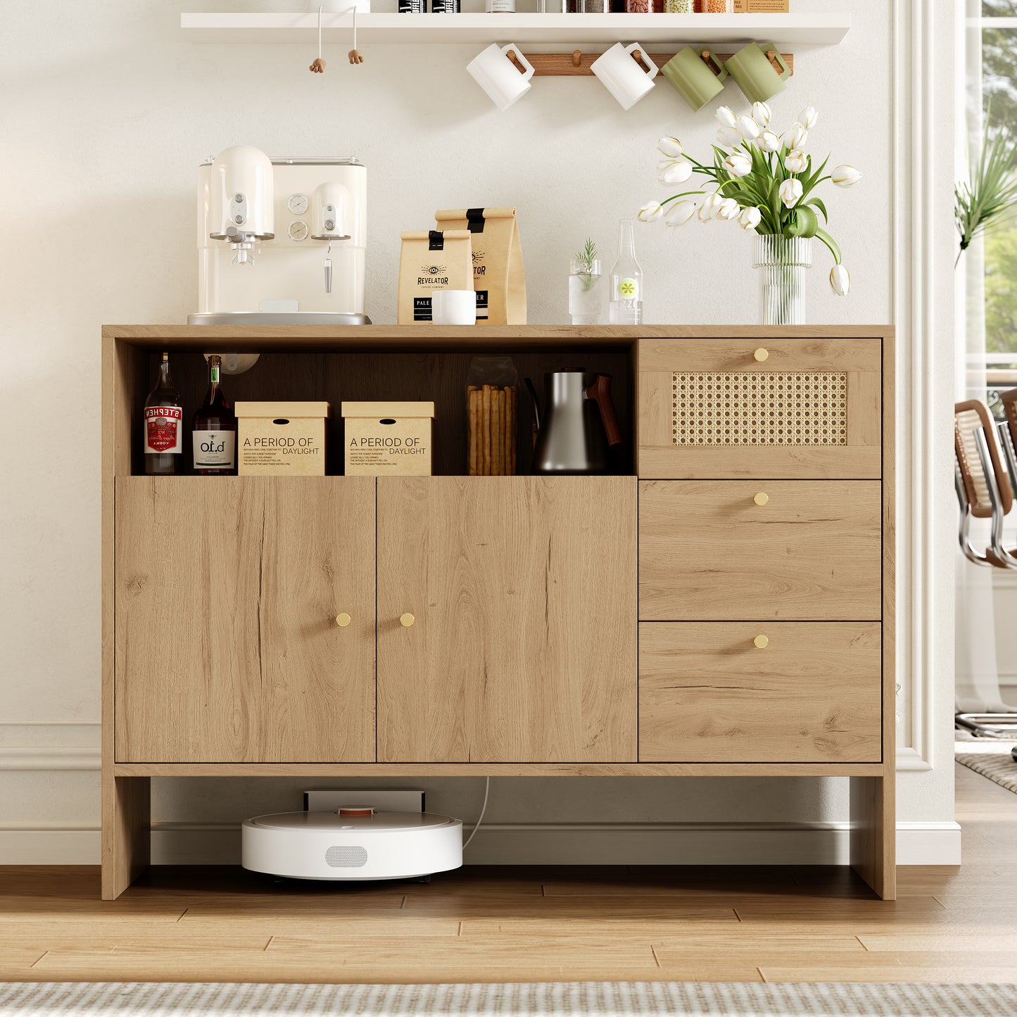 Sideboard, Kitchen Cabinet, Living Room With 2 Doors And 3 Drawers, Drawer Cabinet With Rattan & Gold Handles, Buffet Cabinet Chest Of Drawers For Kitchen, Wood Color, 105 X 40 X 76 Cm