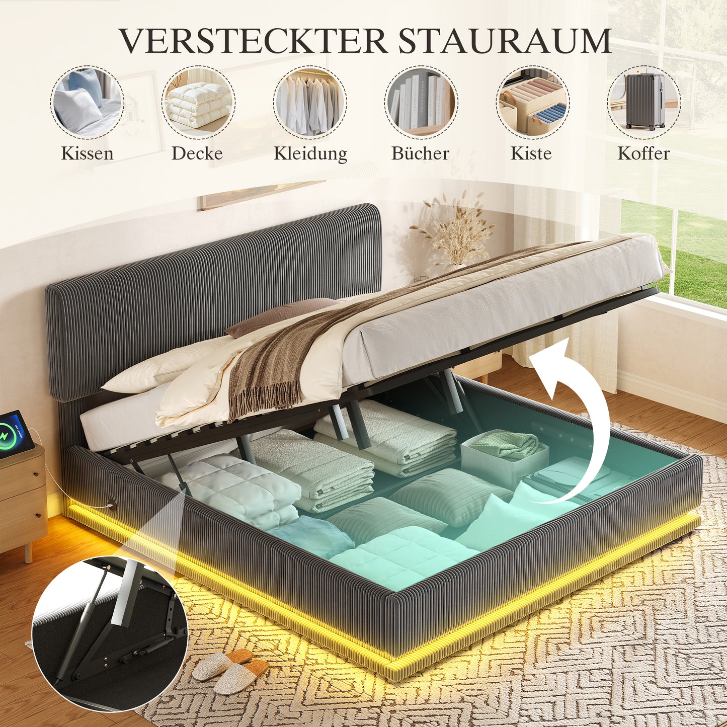 Modern Sponge Bed With LED Lighting And USB-C Charging Function, Height-adjustable Headboard, Cord Fabric, Stable Slat Bed, Large Underbed Storage And Comfortable Cushion Headboard. 180X200 Gray