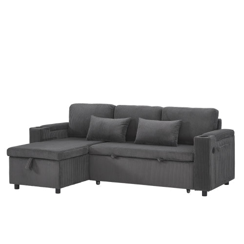 3 In 1 Convertible Corduroy Sofa Bed With Storage Chaise, L Shaped Sleeper Sofa Couches With Armrest Storage And Charging Station. Pullout Sectional Daybed For Living RoomBedroomOffice, Grey