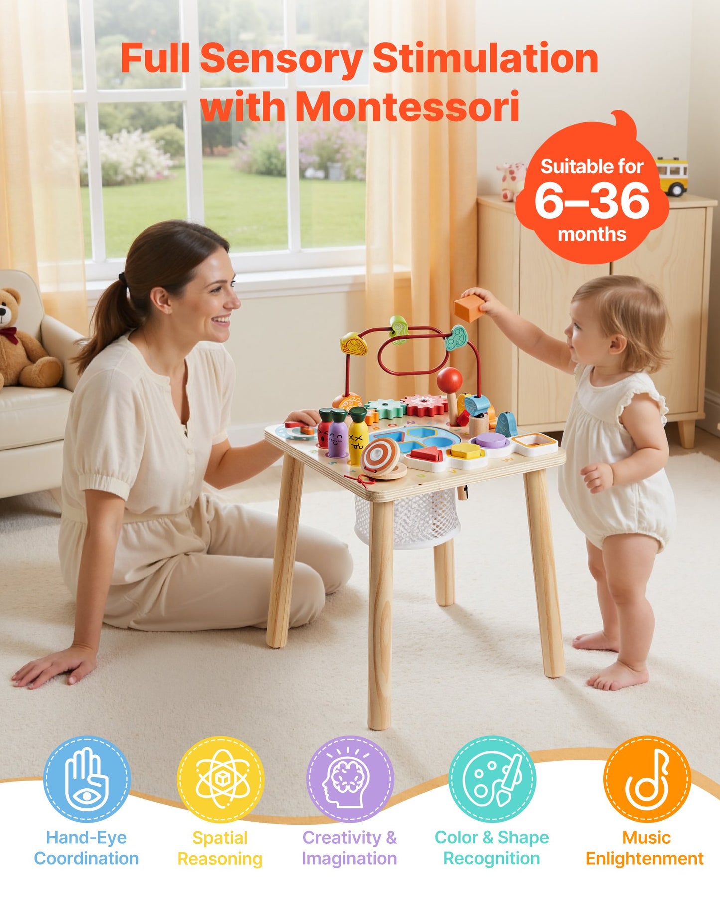 Montessori Activity Table For Toddler 1-3 Years Old, 8 In 1 Wooden Learn Activity Desk, Baby Play Table For Boys & Girls Aged 6+ Months, Great Birthday, Christmas, Children's Day Present
