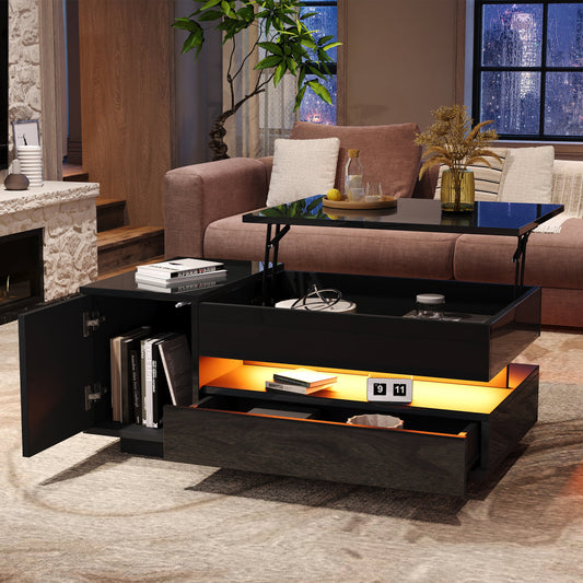 95X50X40cm Liftable Coffee Table, Living Room Table, Side Table, Coffee Table With 1 Drawer, 1 Cabinet, Sofa Table With LED, High Gloss Tea Table With Hidden Storage, Semi-Open Storage, Black