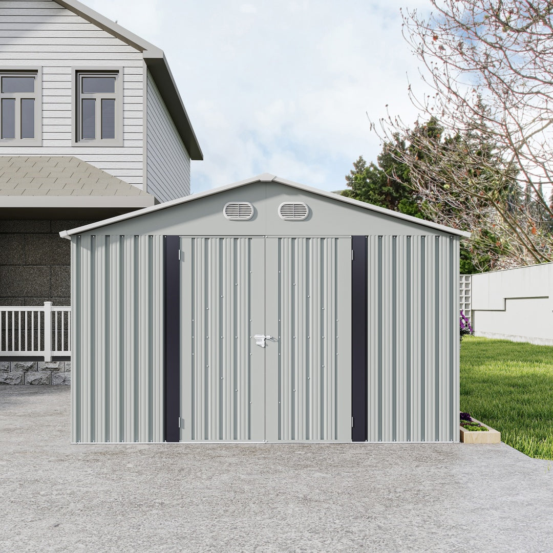 10x12 FT Outdoor Metal Storage Shed, Large Storage Sheds With Sturdy Frame Structure, Metal Garden Tool Shed With Lockable Door For Garden,Gift A Foldable Flower Pot Stand, Backyard, WHIT