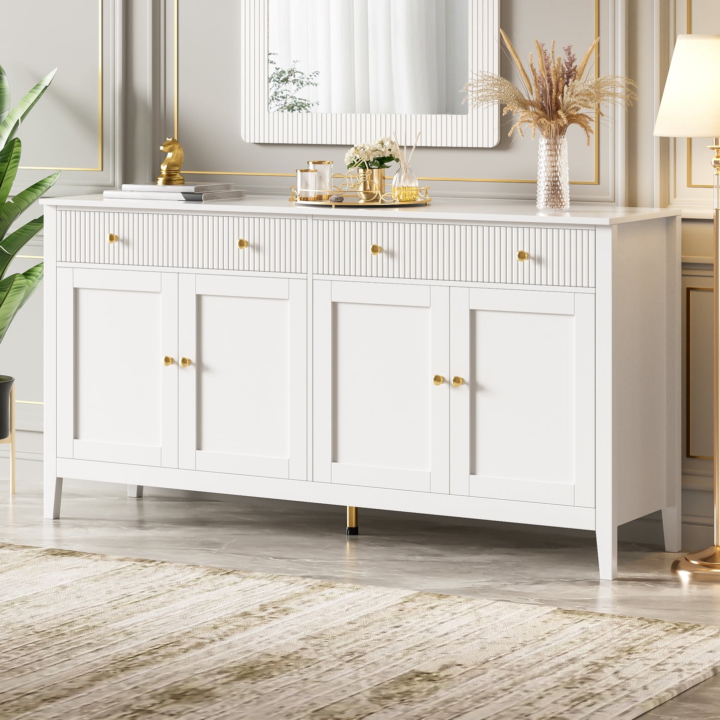 Stylish White Dining Room Sideboard With 2 Drawers And 4 Doors  Elegant Buffet For Kitchen, Dining Room & Living Room With Golden Handles And Generous Storage Space.  OLD SKU GL3234W