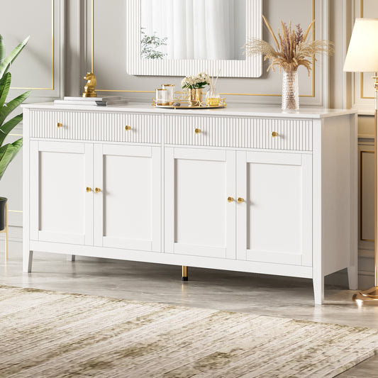 Stylish White Dining Room Sideboard With 2 Drawers And 4 Doors  Elegant Buffet For Kitchen, Dining Room & Living Room With Golden Handles And Generous Storage Space.  OLD SKU GL3234W