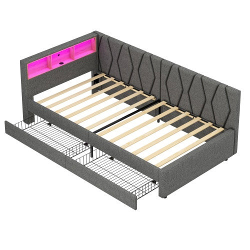 3ft Single Daybed With Two Storage Drawers, LED Modern Bed Frame With Charging Station, Linen Sofa Bed For Living Room Bedroom Study Room, 90X190cm, Easy Assembly, Grey