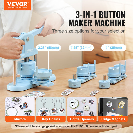3-IN-1 Button Maker,300pcs Button Parts, Button Maker Machine With Panda Magic Book, ErgonomicArc Handle Punch Press Kit, For Children DIY Gifts, Blue