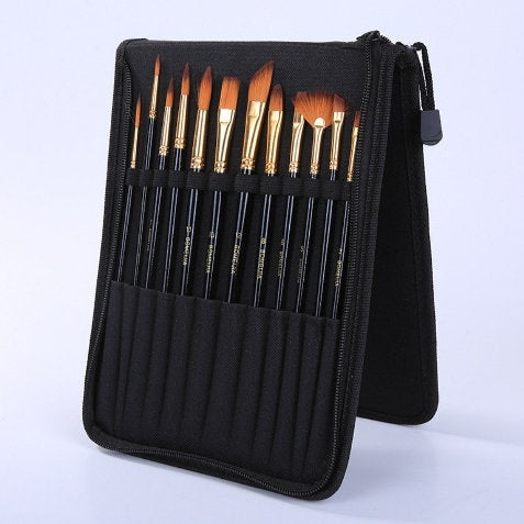 12-Piece Nylon Hair Paintbrush Canvas Bag Set For Watercolor And Gouache Painting