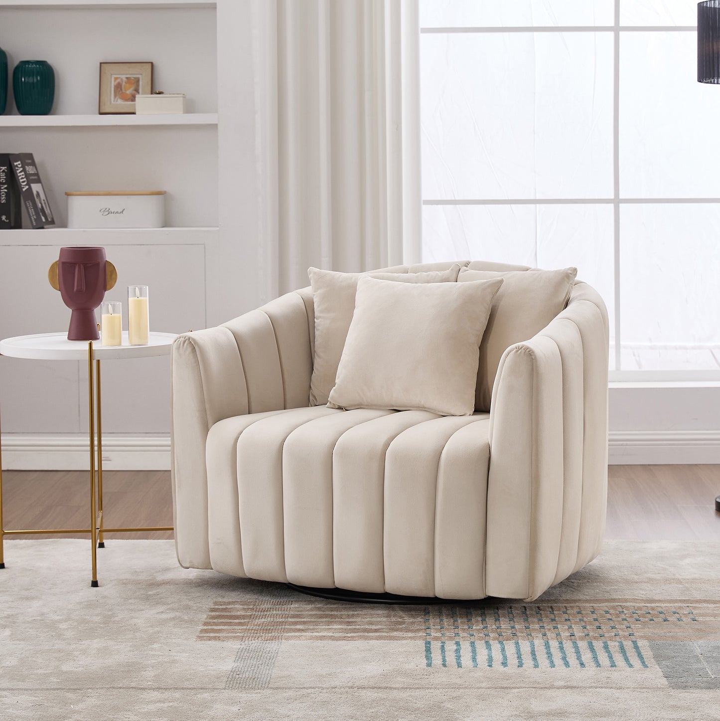 39 W Upholstered Oversized 360 Swivel Accent Barrel Chair And Half Cozy Sofa With 3 Pillows, Channel Tufted Pumpkin-Shape Club Armchair For Living Room, Bedroom, Office, Lounge, Velvet Beige