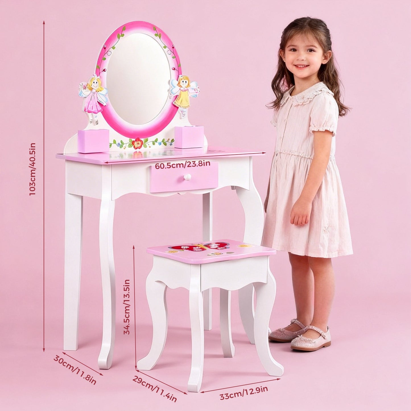 Kids Vanity Set Floral Printed Wooden Makeup Dressing Princess Table With Mirror And Stool For Role Playing Pink