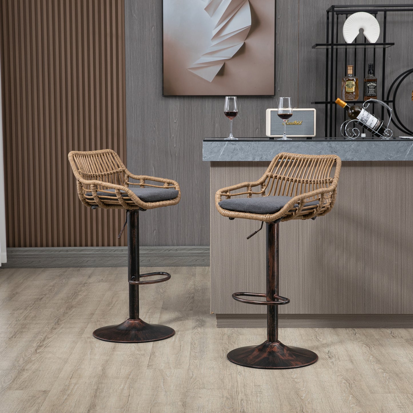 Modern Swivel Bar Stools Set Of 2 Adjustable Counter Height Chairs With Footrest For Kitchen, Dining Room  Gray