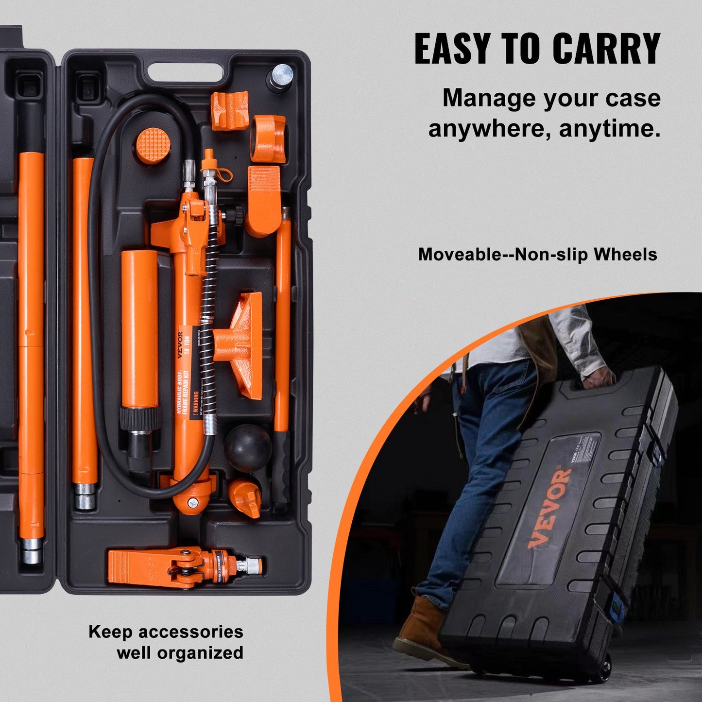 10 Ton Porta Power Kit, Hydraulic Ram With Pump, Car Jack With 4.6 Ft/1.4 M Oil Hose, Bent Frame Repair Tool With Storage Case For Automotive, Garage, Heavy Equipment, Mechanic (22046 LBS)