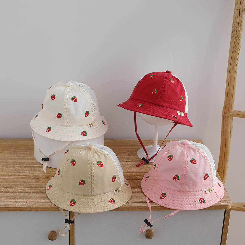 Single-color Strawberry Embroidery Adjustable Patchwork Netting Breathable And Cool Fashion Children's Fisherman Hat For Outdoor Travel And Play