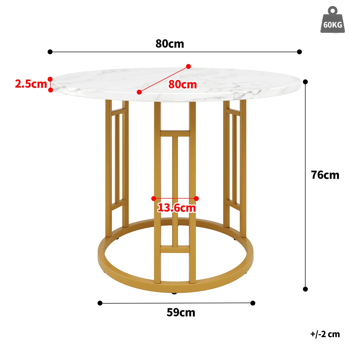 Round Dining Table 80x80x76cm, Kitchen Dining Table, Round Coffee Table For 4 People, Suitable For Dining Room, Living Room, Stylish Metal Table Legs, MDF Marble Table Top, Gold