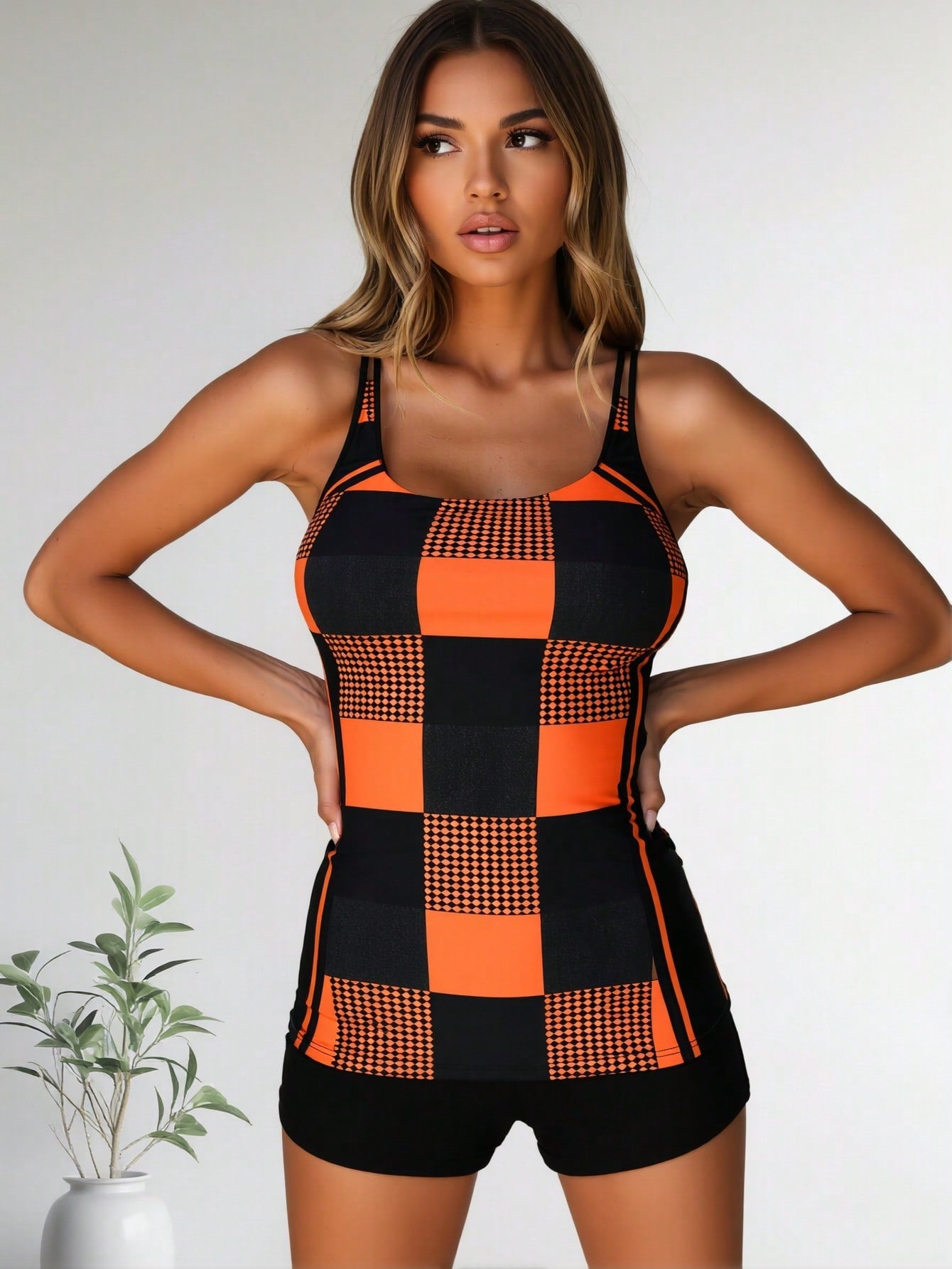 2026 New Orange & Black Checkerboard Print Two-Piece Swimsuit, Sleeveless Longline Tank With Boyshorts