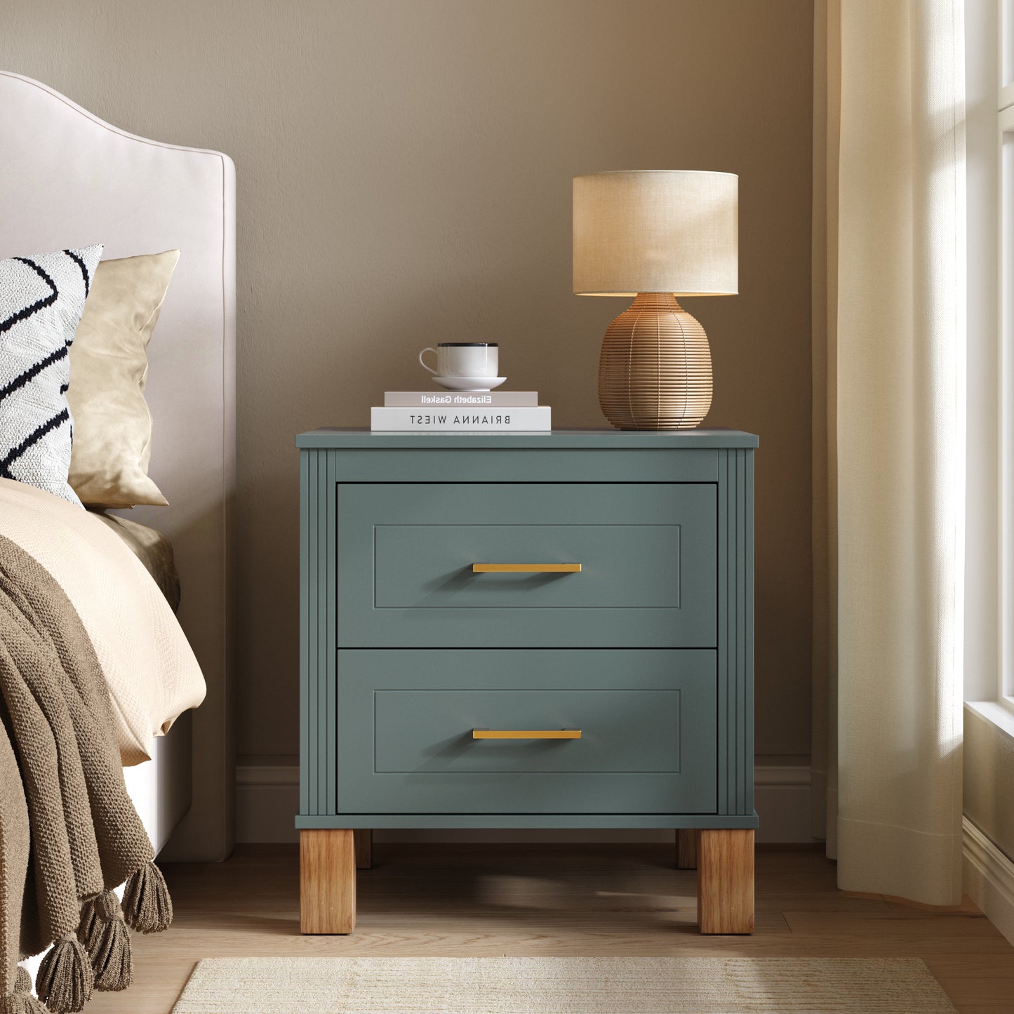 2 Drawer Nightstand, Premium Wood Storage With Elegant Fluted Design, Solid Wood Legs Nightstand With Metal Handle, Tall Bedside Table For Bedroom Living Room,Blue