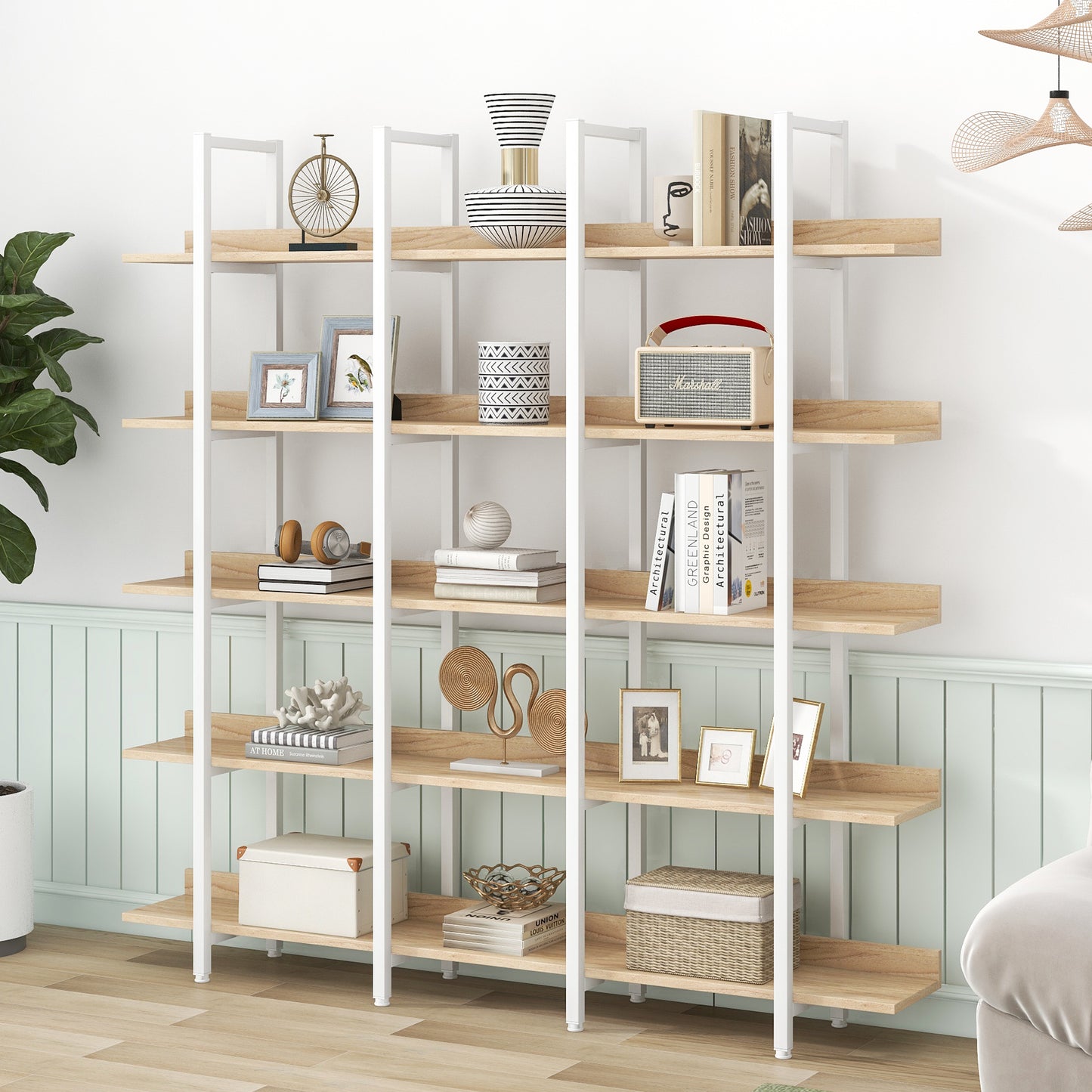 5 Tier Bookcase Home Office Open Bookshelf, Vintage Industrial Style Shelf, MDF Board, White Metal Frame, Oak  Old Sku WF300935AAC N725P247766C