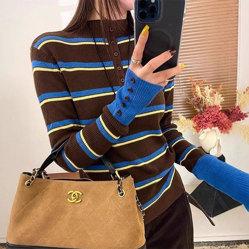 Striped Color-blocking Korean-style Long-sleeve High-end Women's Top