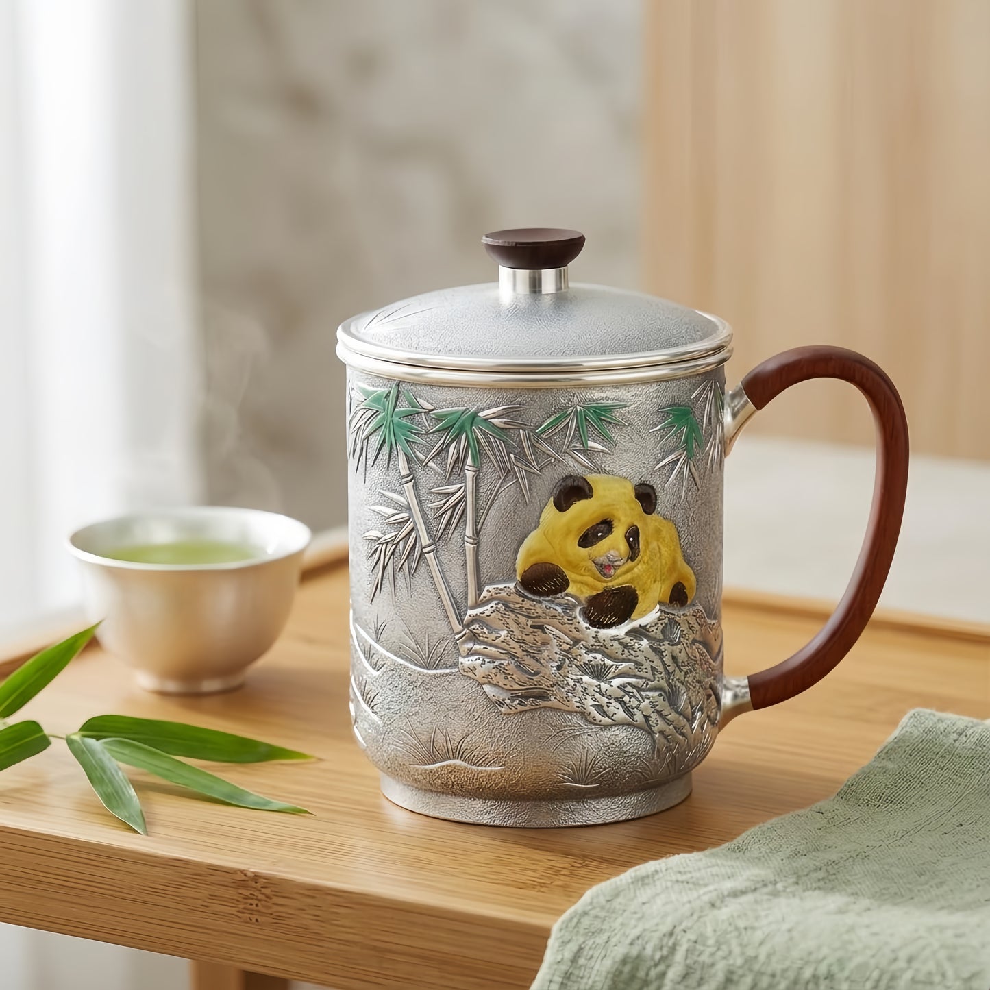Pure 999 Fine Silver  Teapot with Wooden Accents and Playful Panda Design-Premium Tea Mug - Handicraft