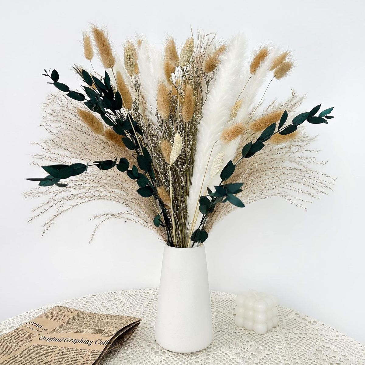 65-Piece Bohemian Artificial Pampas Grass Bouquet - Romantic Beige & White Pampas Grass Arrangement For Spring, Valentine's Day, Weddings, Home Decor, And Table Centerpieces; Seasonal Home Accent