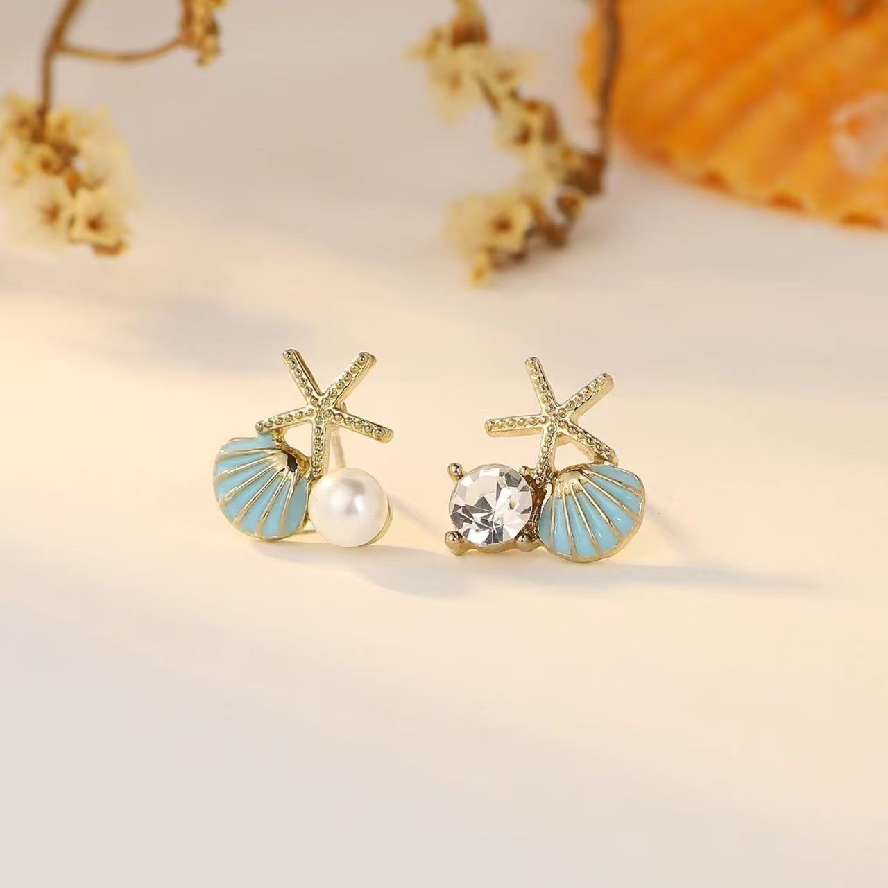 New Arrival Starfish & Shell Stud Earrings, Simple High-End Sweet Tiny Faux Pearl Design Exquisite Elegant Versatile Women's Ear Jewelry