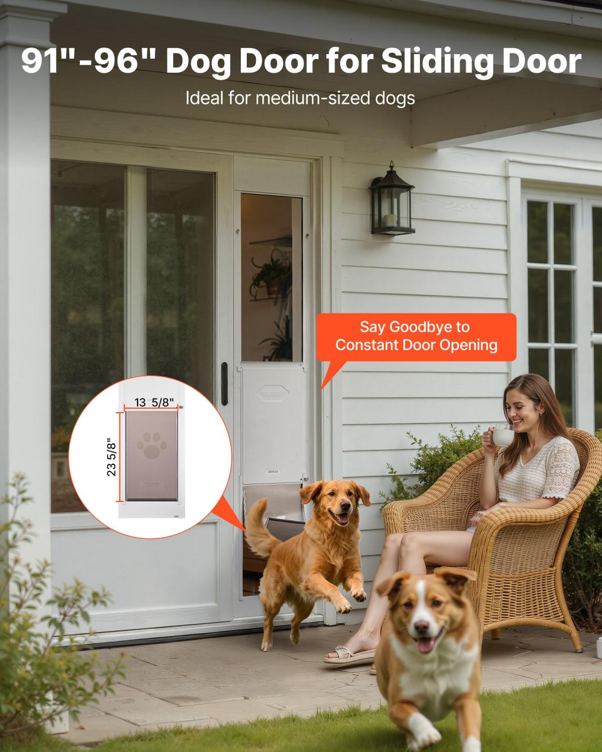 Dog Door For Sliding Glass Door, 91 To 96 In Adjustable Height, Aluminum Alloy Frame With Metal Rotating Hinges, Lock Design, 13 5/8 X 23 5/8 In Flap, Sliding Glass Pet Door For Renters