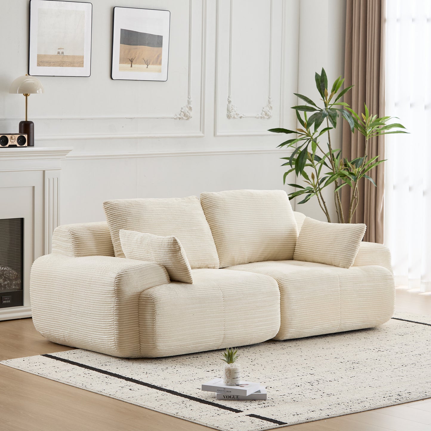 Modern Memory Foam Compressed Sofa,2 Seater Large Sectional Couches For Living Room,Pet-Friendly Cloud Modular Sectional Sofa,Corduroy Fabric,Extra Deep Loveseat,No Assembly Required, Beige