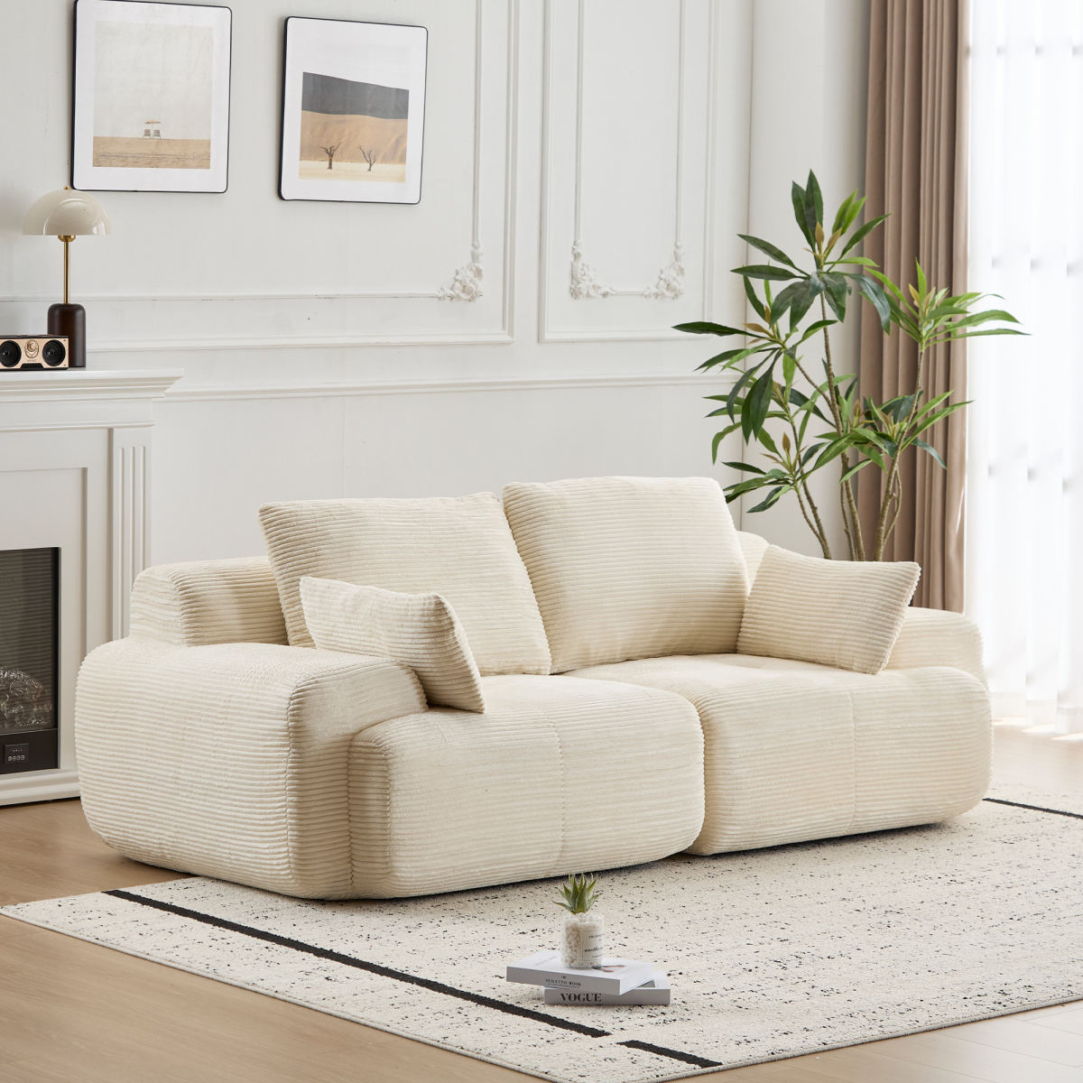 Modern Memory Foam Compressed Sofa,2 Seater Large Sectional Couches For Living Room,Pet-Friendly Cloud Modular Sectional Sofa,Corduroy Fabric,Extra Deep Loveseat,No Assembly Required, Beige