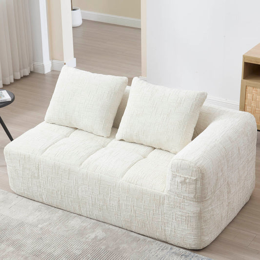 Comfortable Sofa For 2 People, No Assembly Required, Fluffy Sofa With A Cushion, Side Pockets For Remote Control And Mobile Phone, Neat And Stylish, Beige