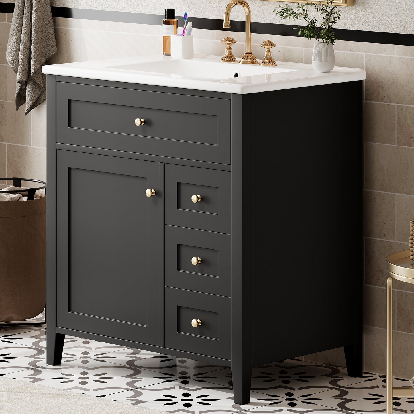 30-Inch Black Bathroom Vanity With Sink, Modern MDF And Rubberwood Cabinet With 3 Drawers And Adjustable Shelf, Freestanding Vanity For Bathroom Storage And Organization Left Door