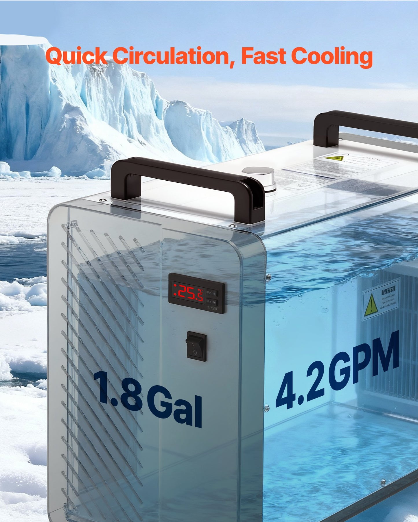 Industrial Water Chiller, 5460 BTU/h, Industrial Water Cooler Cooling System With Compressor, 4.2 GPM Max Flow, 1.8  Gal Tank Capacity, Laser Chiller, For CO2 Laser Engraving & Cutting Machine