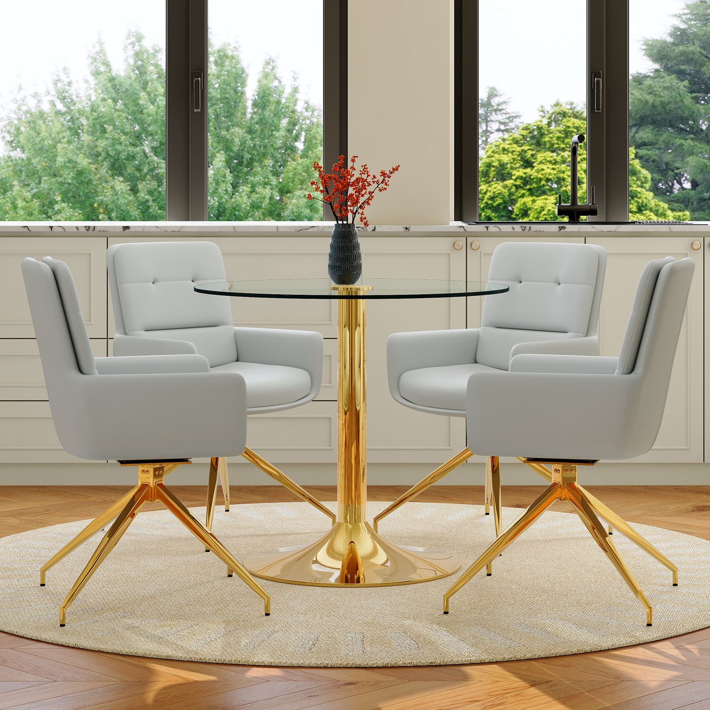 Table & Chair Collection Round, Slightly Luxurious Glass Table With 85 Cm Diameter And Metallic Support Structure, Combined With 4 Light Grey 360 Swivel PU Dining Chairs.