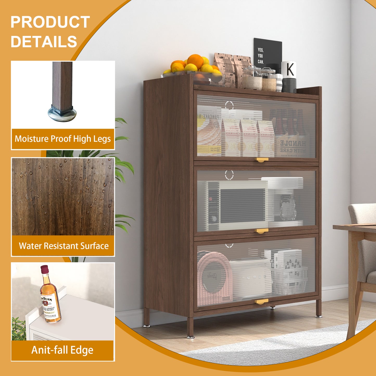 44 Tall Metal 3 Flip Doors Cabinet,  With Ample Storage Space For Bedroom, Office, Living Room, Hallway, Entryway Walnut