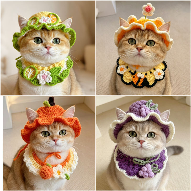 Spring Pet Flower Hat And Bib Set Cat And Dog Frog  Bee Headpiece