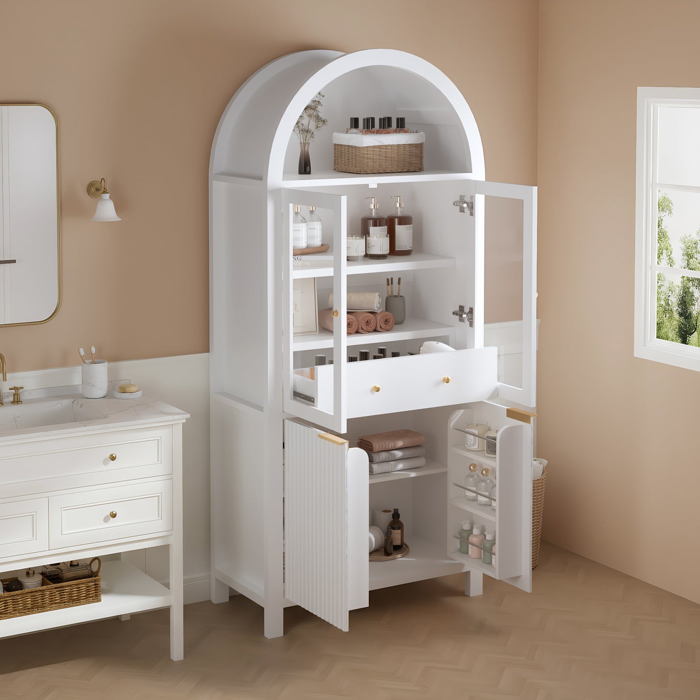 71  Fluted Tall Arched Pantry Cabinet With Adjustable Shelves, Elegant Display Storage With Hidden Drawer & Glass Door For Kitchen, Living Room, Dining Room, White