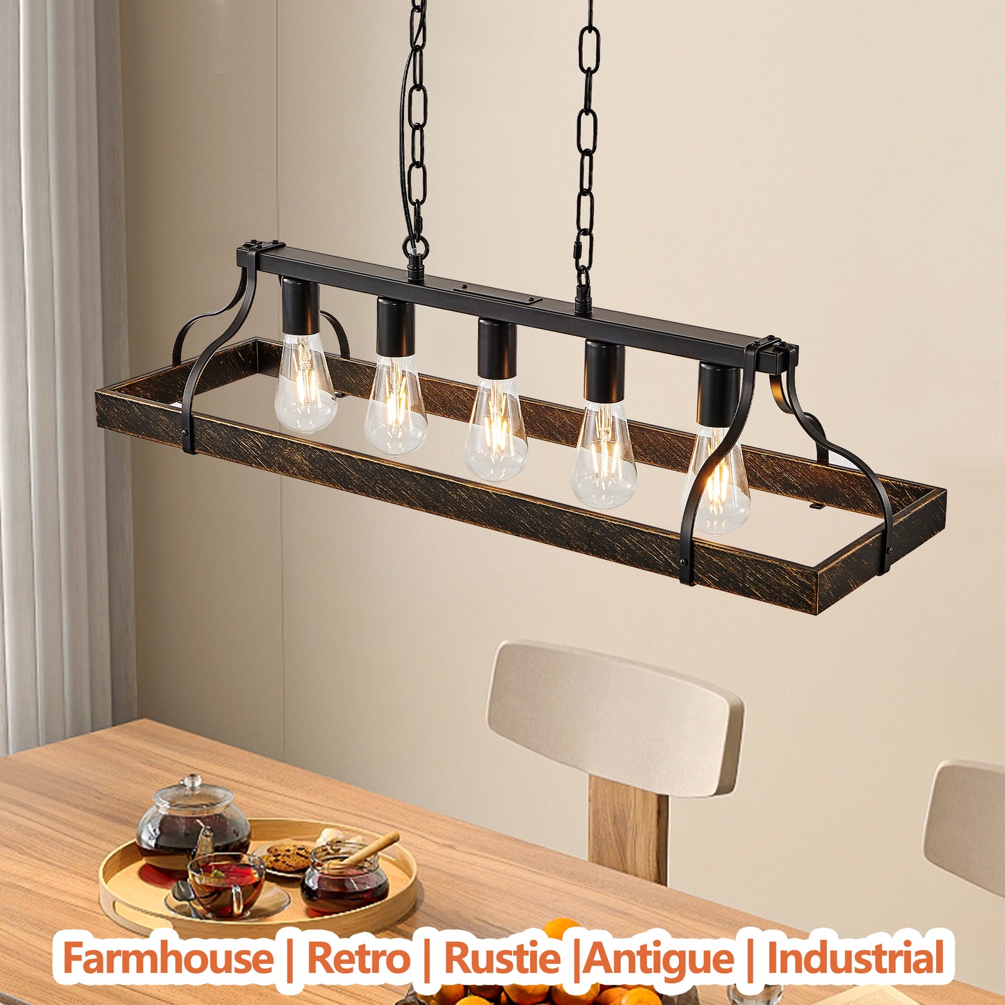 34-Inch Black Gold Vintage Pendant Light, 5 E26 Bulb Sockets, Adjustable Chain Height  Antique Style Chandelier For Dining Room, Kitchen, Or Living Room Bulb Not Included