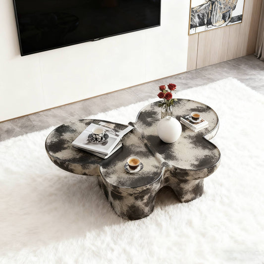 Butterfly Design Style, Coffee Table, Imitation Natural Limestone Material, Suitable For Living Room Office, Fiberglass, Black And Beige Combination.