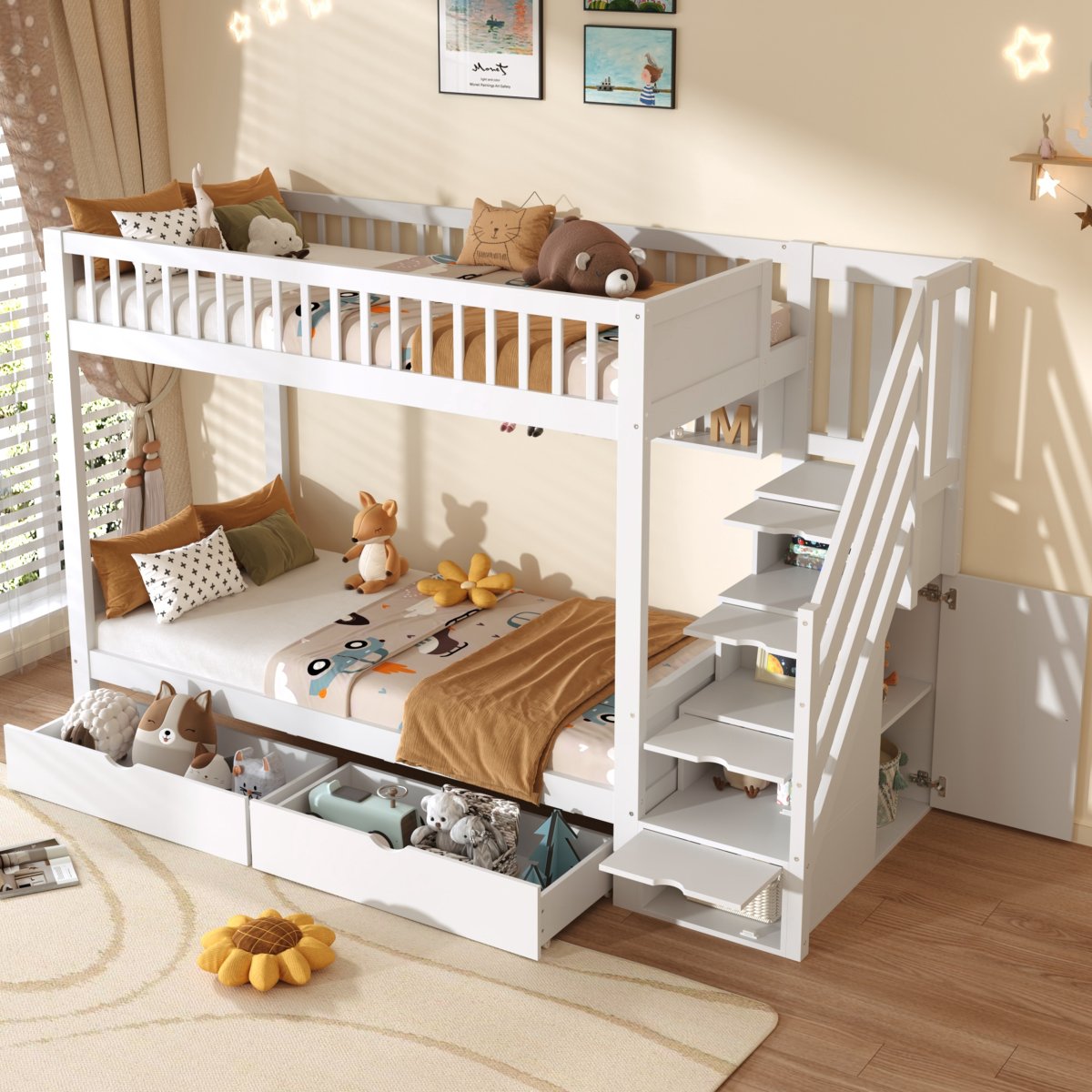 3ft Single Loft Bed With Under Bed Drawers, High-Quality Solid Wood Bunk Bed Frame With Integrated Stairway Storage, Shelving And Hidden Lockers, Safety Guardrails, White   No Mattress