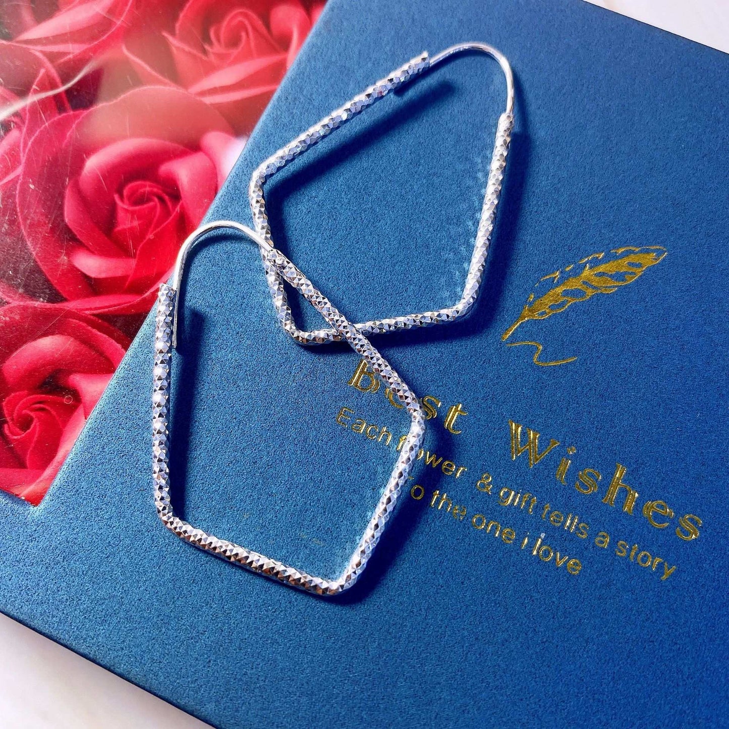 1 Pair 999 Sterling Silver Sparkly Geometric Hoop Earrings, Minimalist Style, Perfect For Daily Wear And Valentine's Gift