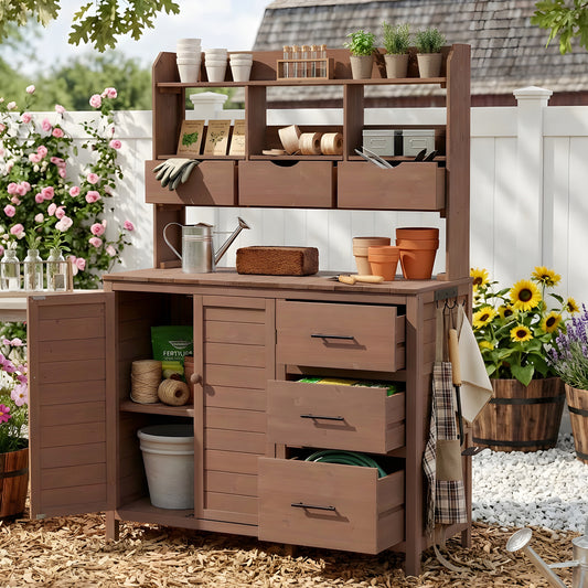 With Assembly Video  TOPMAx Farmhouse Patio Potting Bench  44.6 X19.5  Large Freestanding Garden Workstation With 6 Drawers  Bottom Cabinet And Side Hook  Outdoor Kitchen Island  Brown